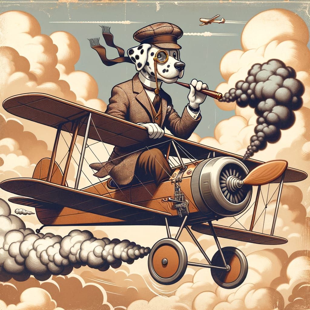 Dapper Dalmatian Pilots Biplane Through Whimsical Sky