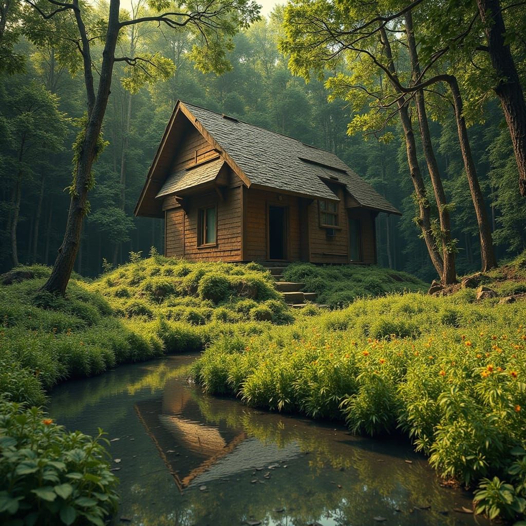 Idyllic Timber Shack in Forest Meadow
