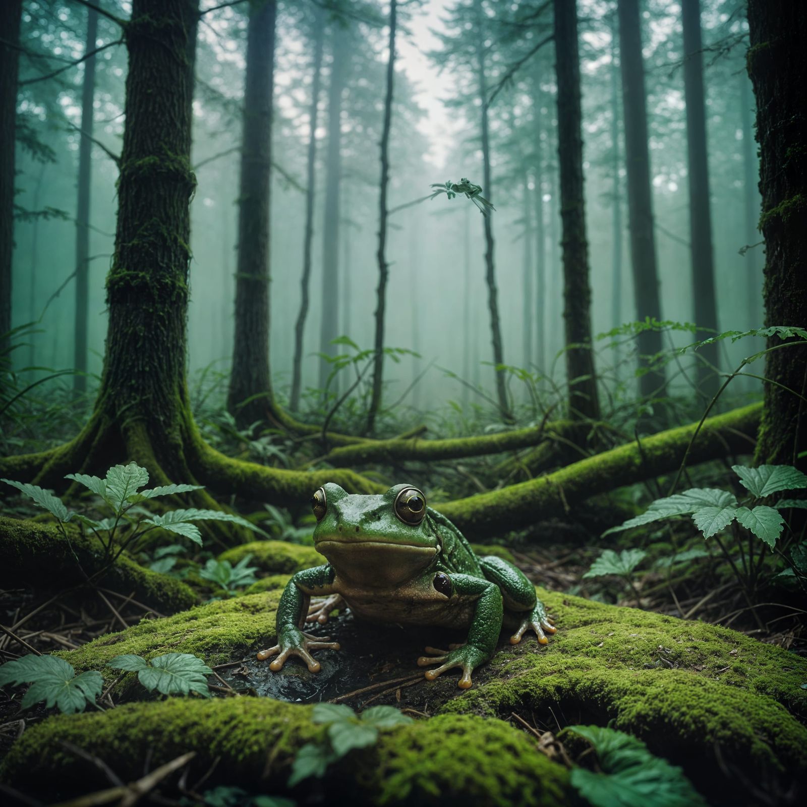 Mysterious Foggy Forest with Frogs