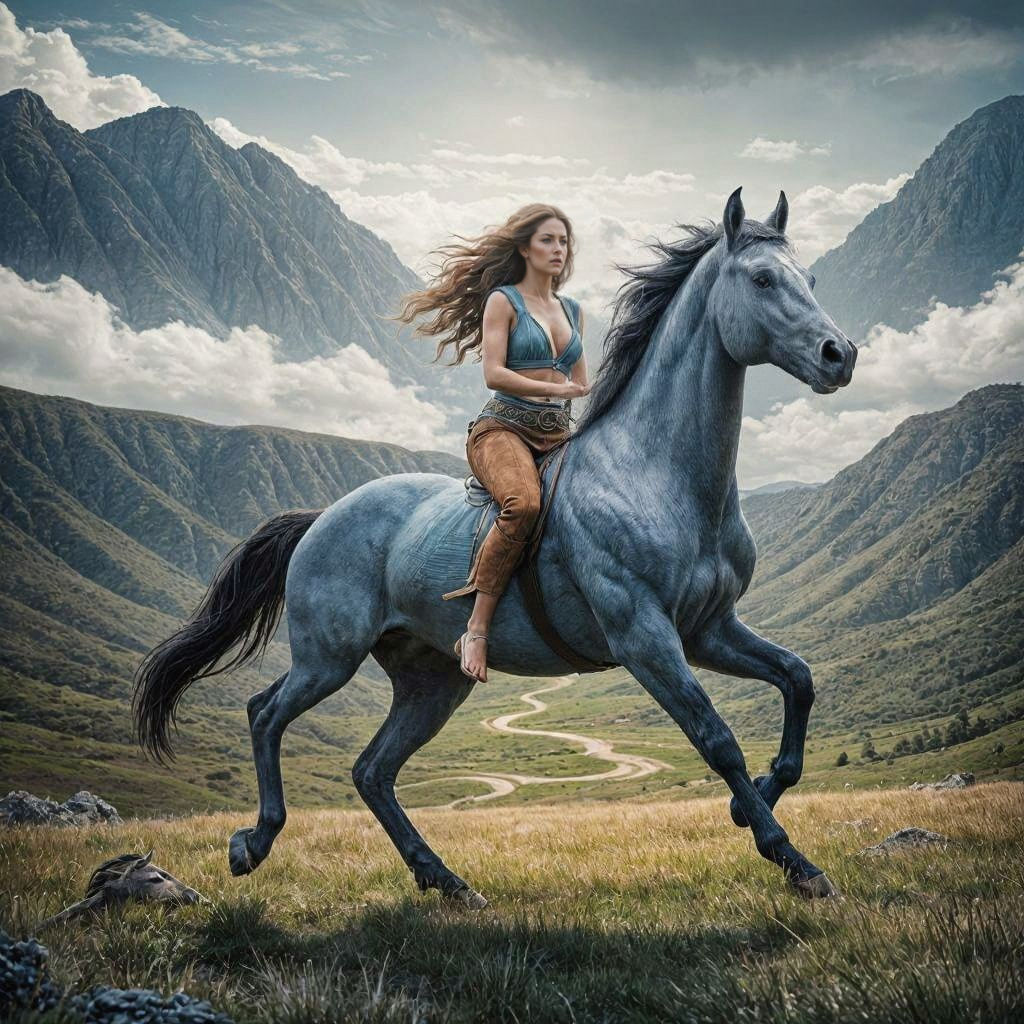 Woman Rides Blue-Grey Horse in Ancient Greek Landscape