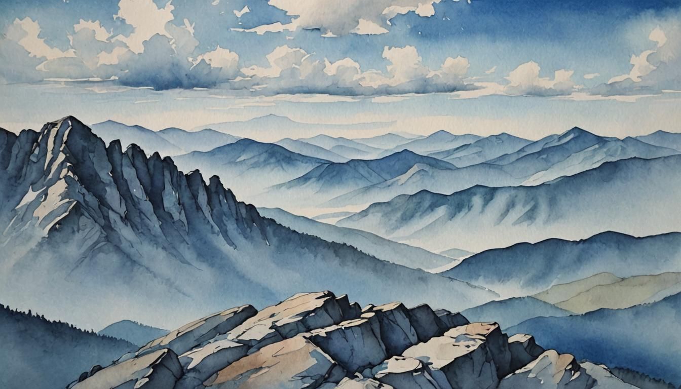 Monochromatic Blue Watercolor Mountain Landscape