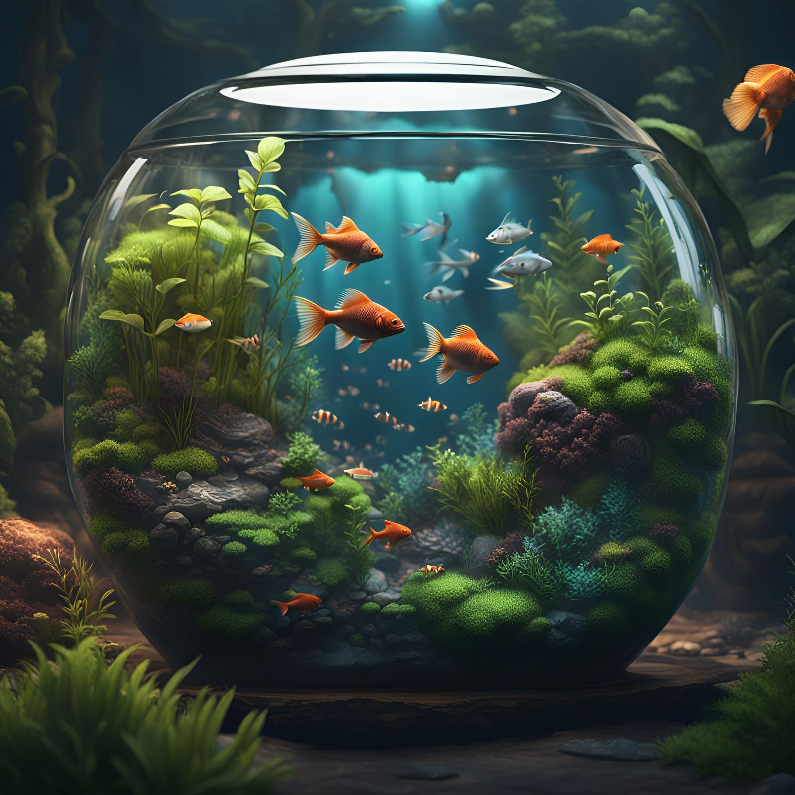 Fish Swim Through Plants in Detailed Terrarium