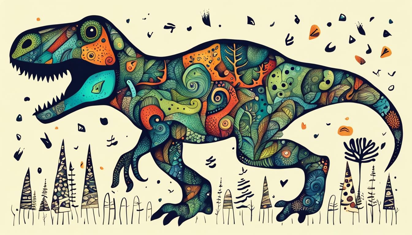 Happy T-Rex in Forest: Zentangle Ink Illustration