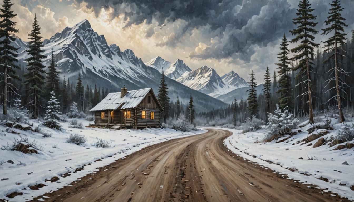 Secluded Cabin in Winter Forest, Atmospheric Oil Painting