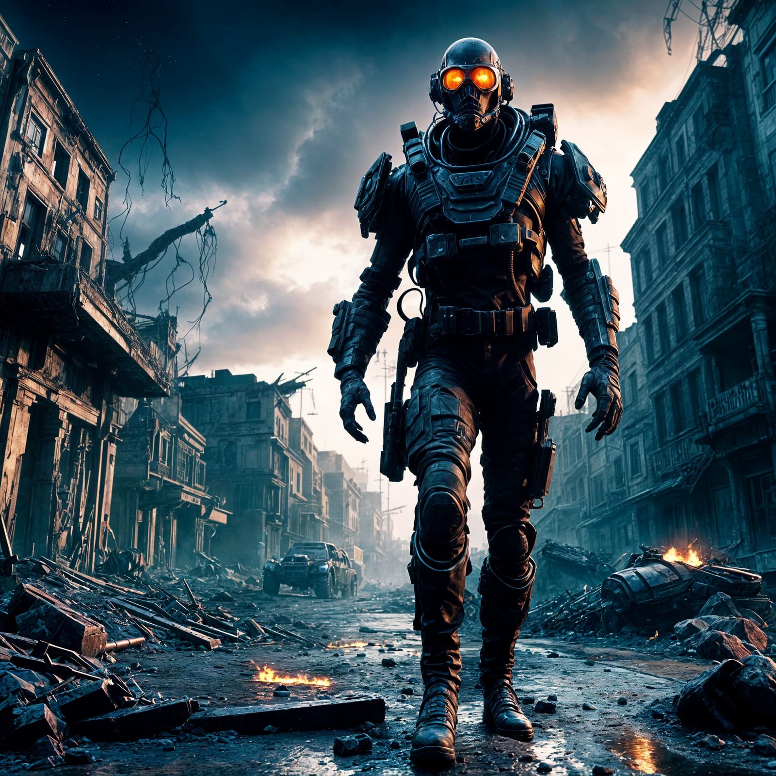 Futuristic Soldier in Post-Apocalyptic Cityscape