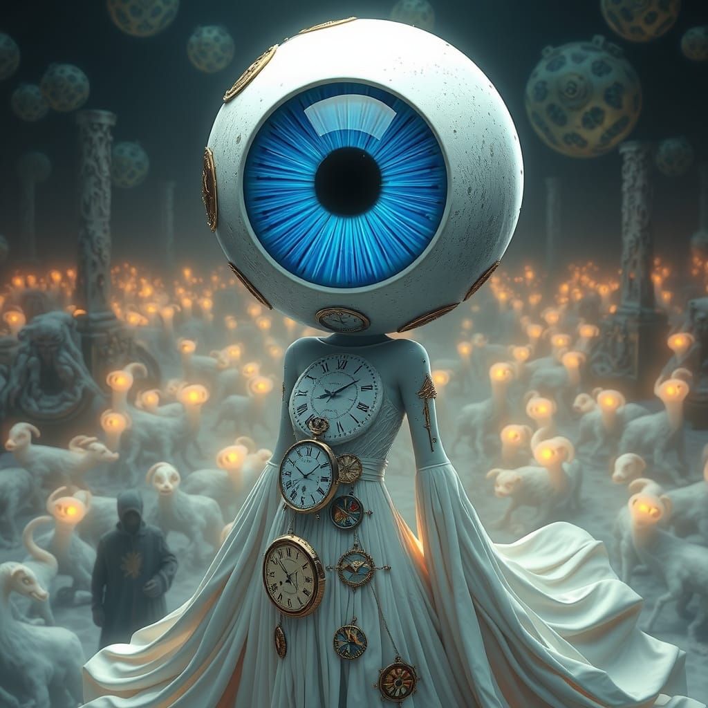 Surreal Woman with Eyeball Head and Melting Clocks