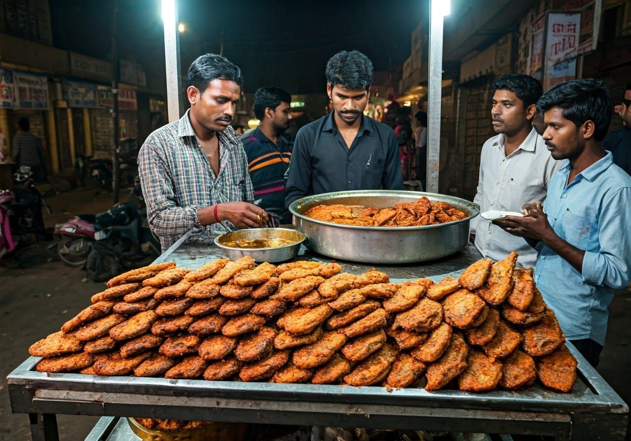 Indian Street Food Vendor Selling Fish