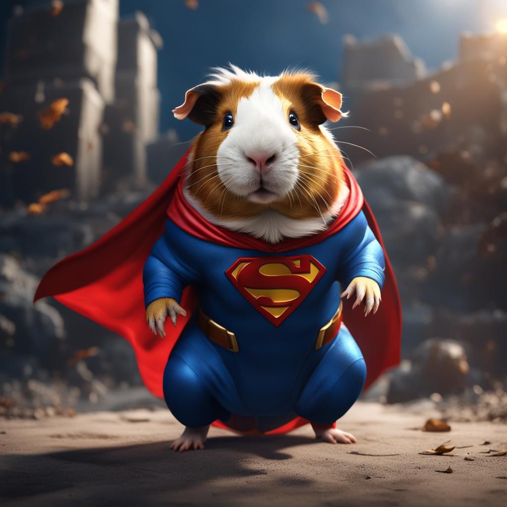 Guinea Pig as Superman: Detailed Digital Painting