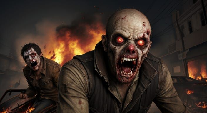 Burning Car Zombie Chase: A Scene of Terror