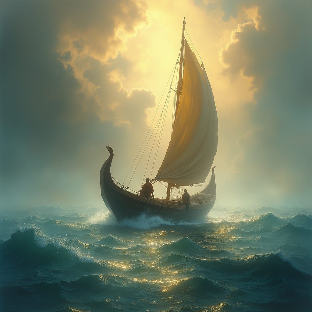 Mystical Vessel Sails Ethereal Seas in Kinkade Style