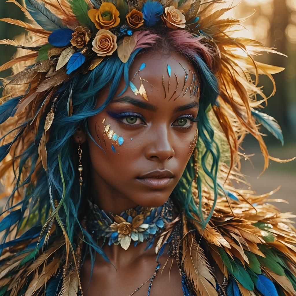 Metallic Rose-Gold Woman with Colorful Feathers