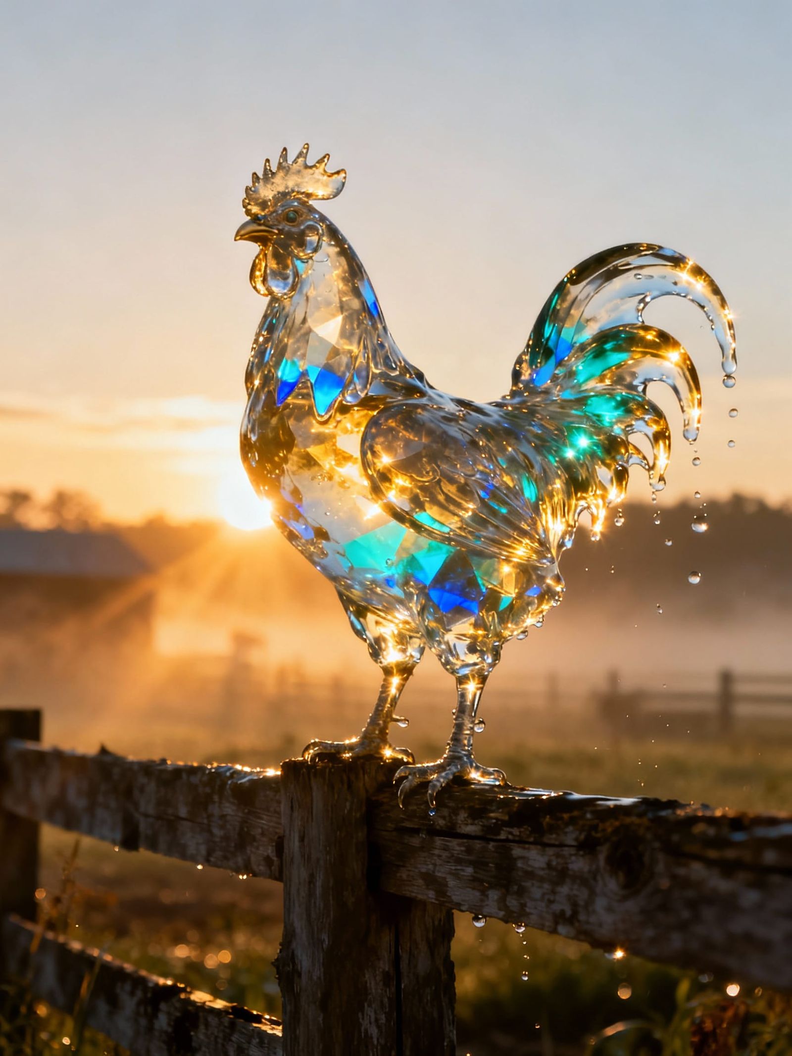 Majestic Water Rooster on Fence at Sunrise