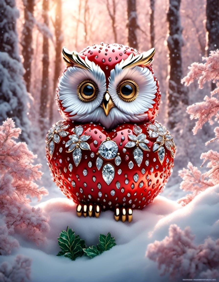 Crystal Strawberry Owl in Winter Wonderland