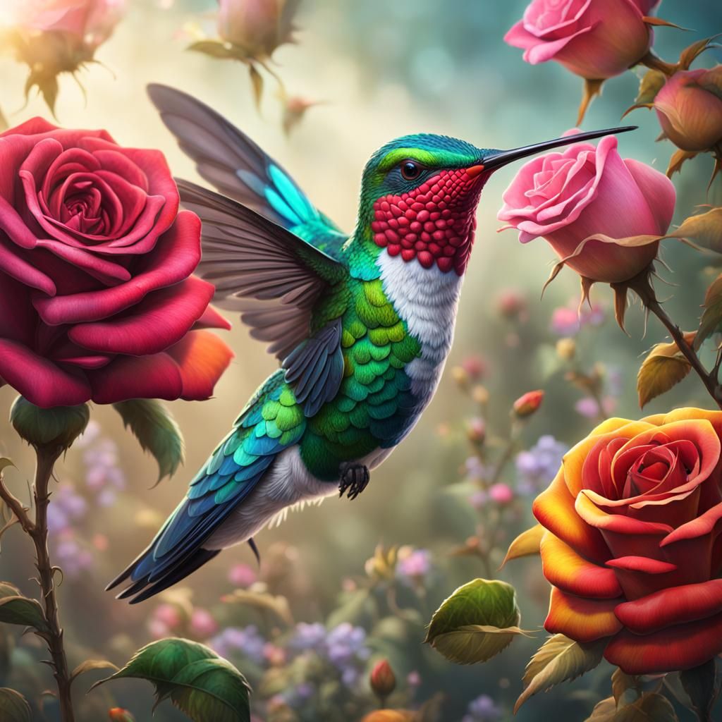 Hummingbird Sips Nectar from Multicolored Rose