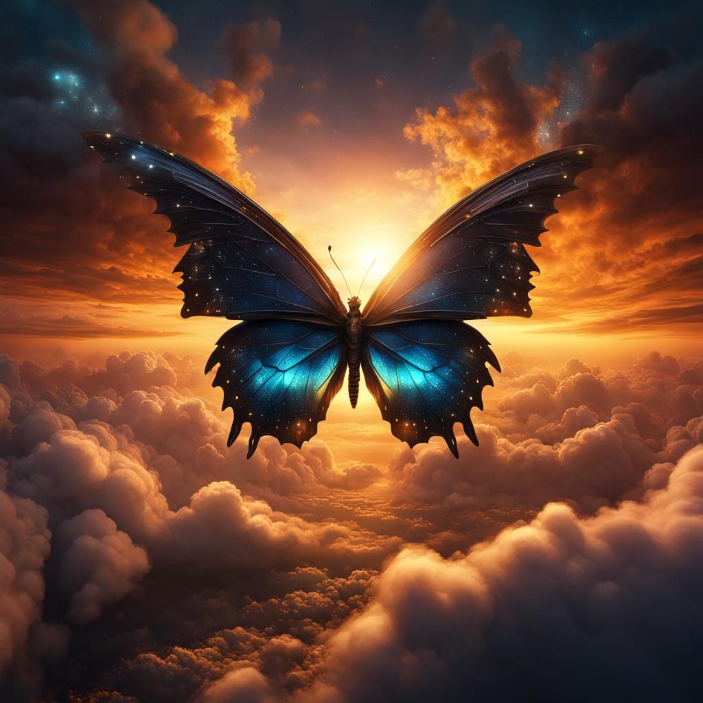 Butterfly with Galactical Wings at Sunset