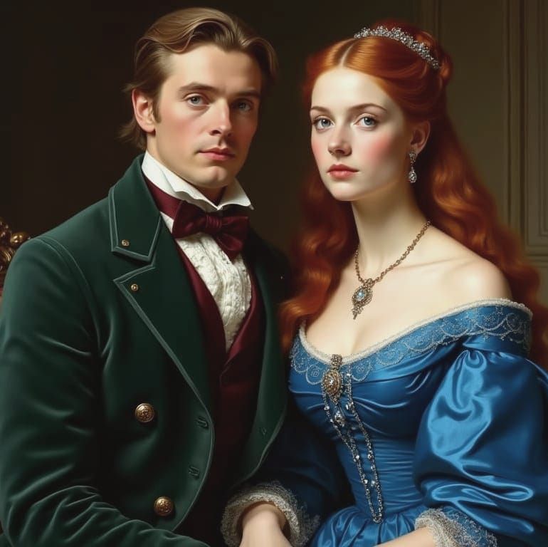Elegant 19th Century Aristocrats in Oil Portrait