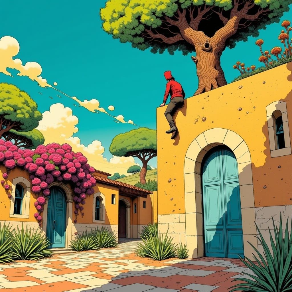 Pickpocket Climbs Greek Wall in Moebius Line Art