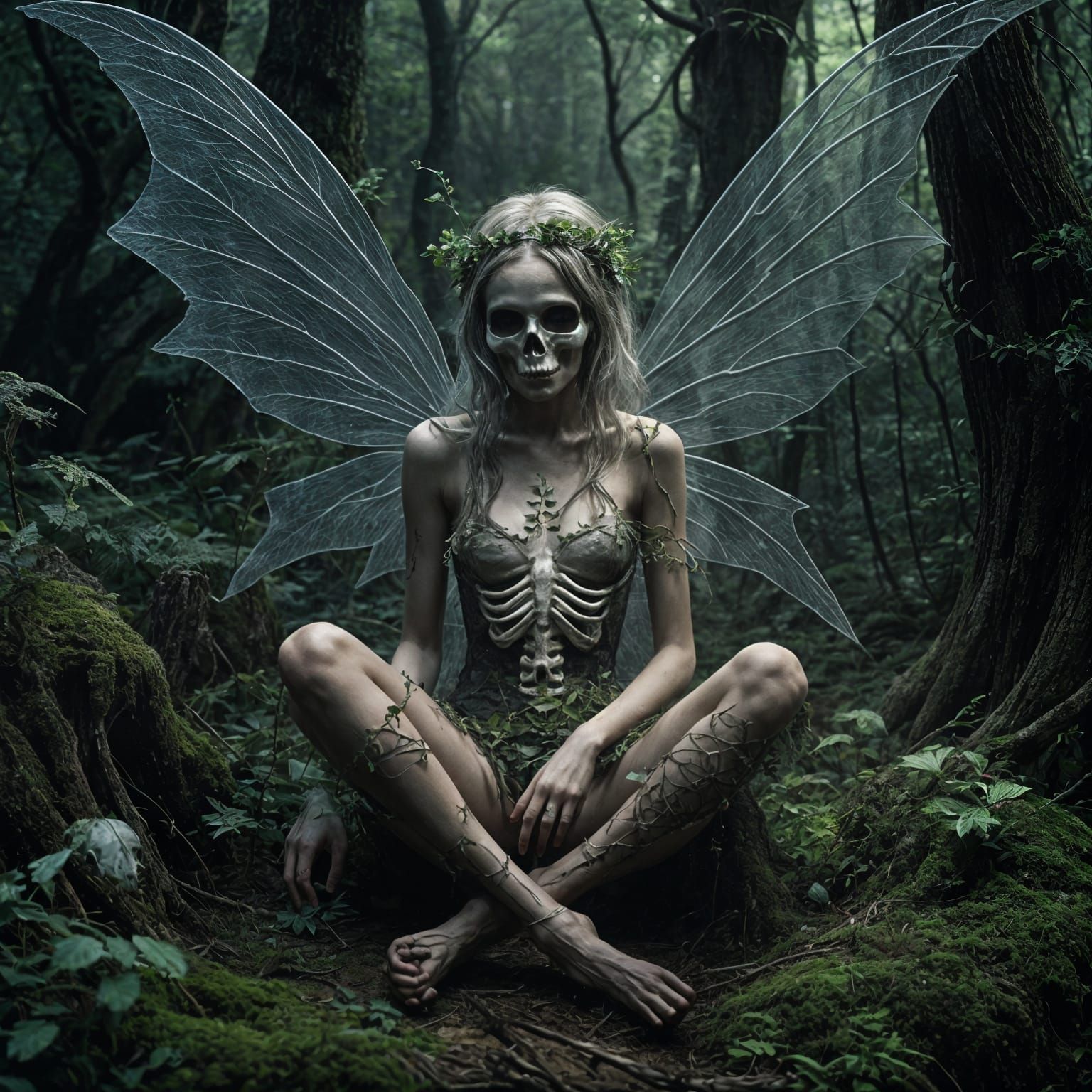 Fairy Perched on Skull: Dark Fantasy Art