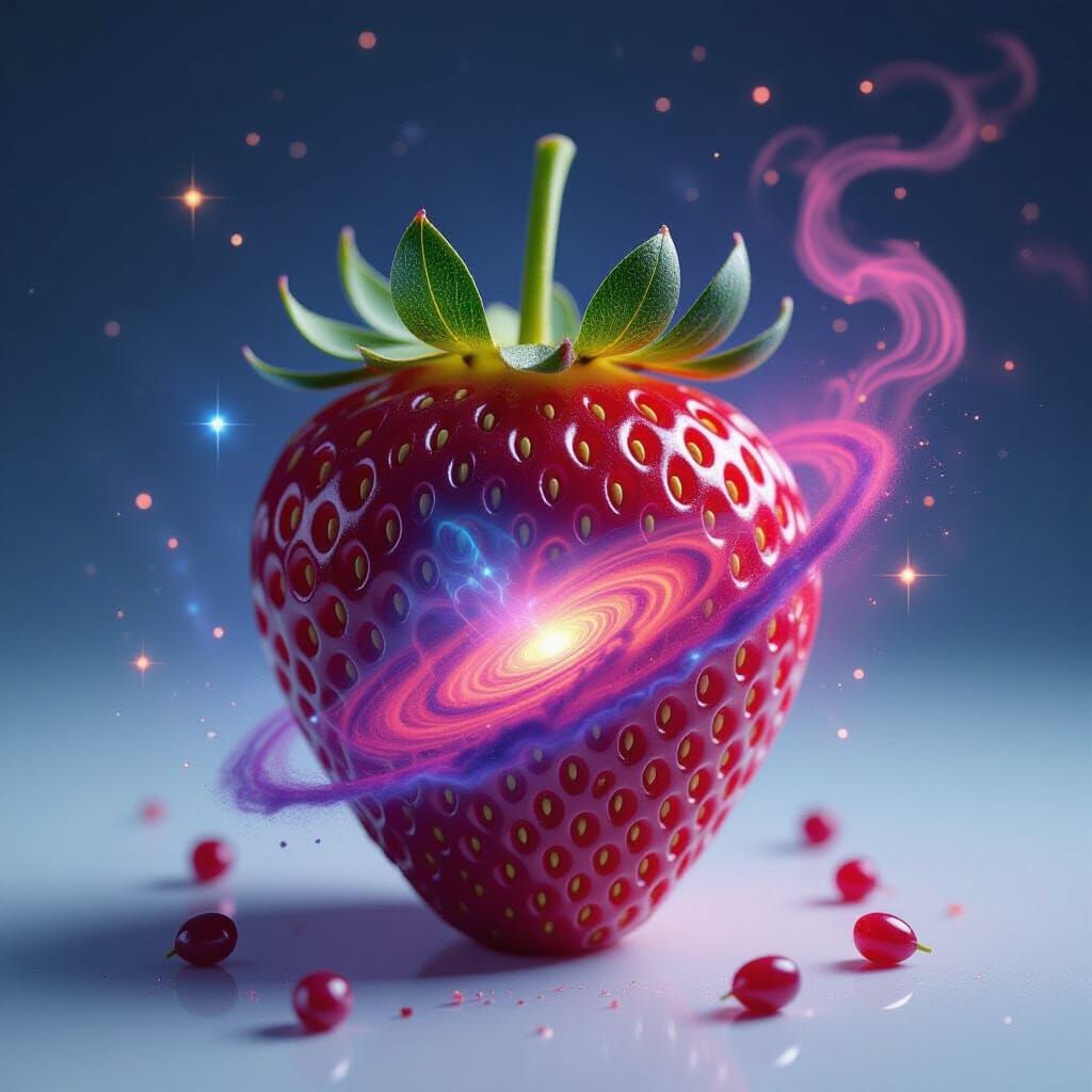 Strawberry Transforms into Cosmic Nebula, Surreal Art Style