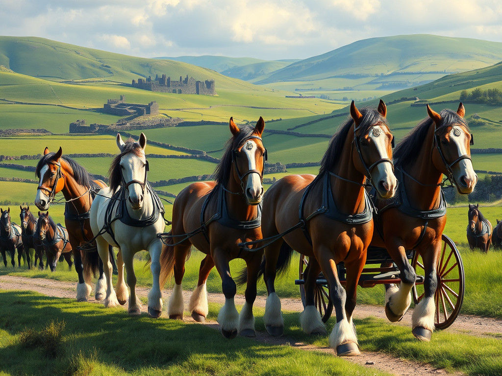 Clydesdale Horses Pulling Carriage Through Emerald Irish Lan...