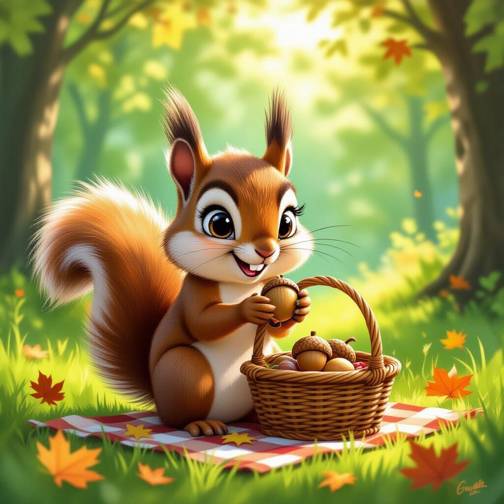 Whimsical Squirrel Stealing Acorn in Cartoon Style
