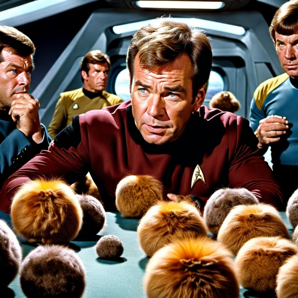 Captain Kirk Overwhelmed by Tribbles on the Enterprise