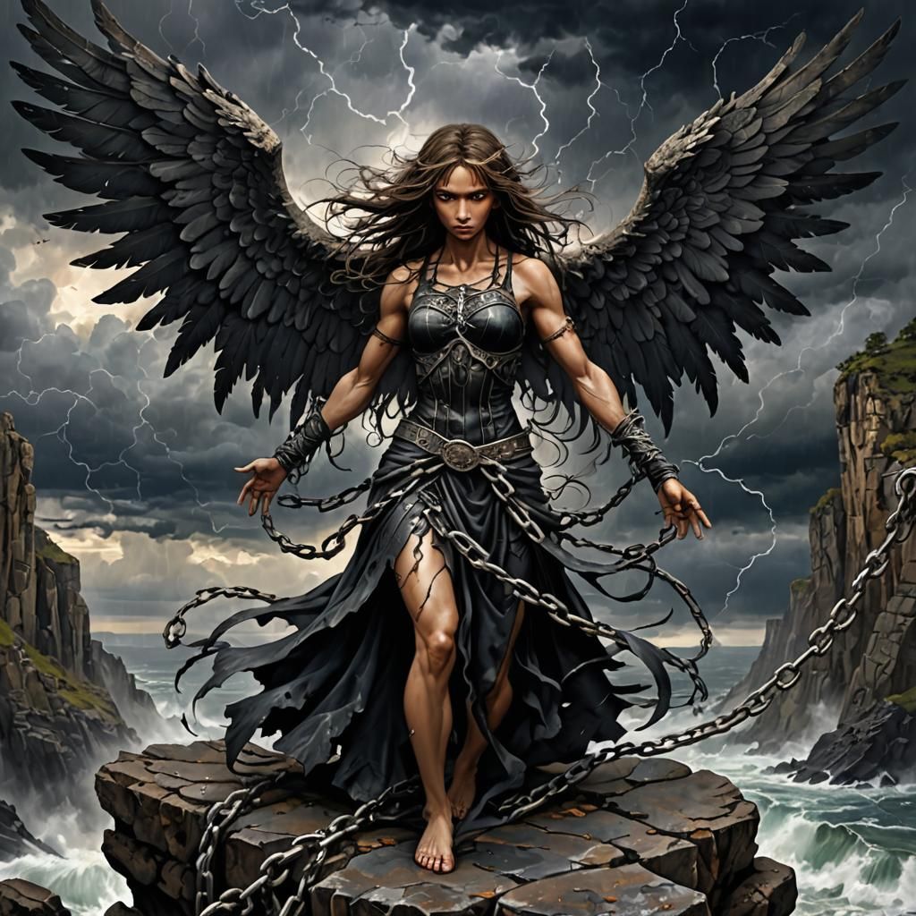 Dark Angel Shackled on Stormy Cliff: Anime Art