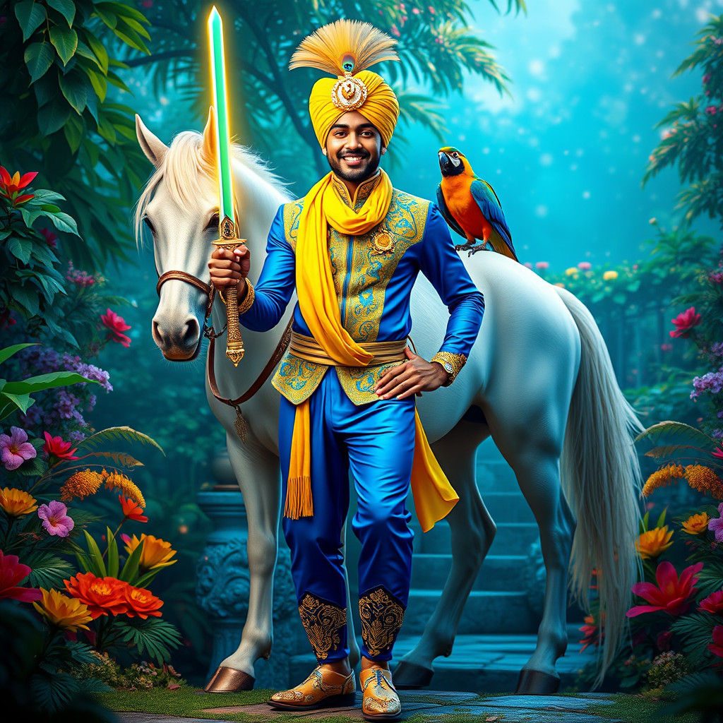 Radiant Man with Sword in Fantasy Garden