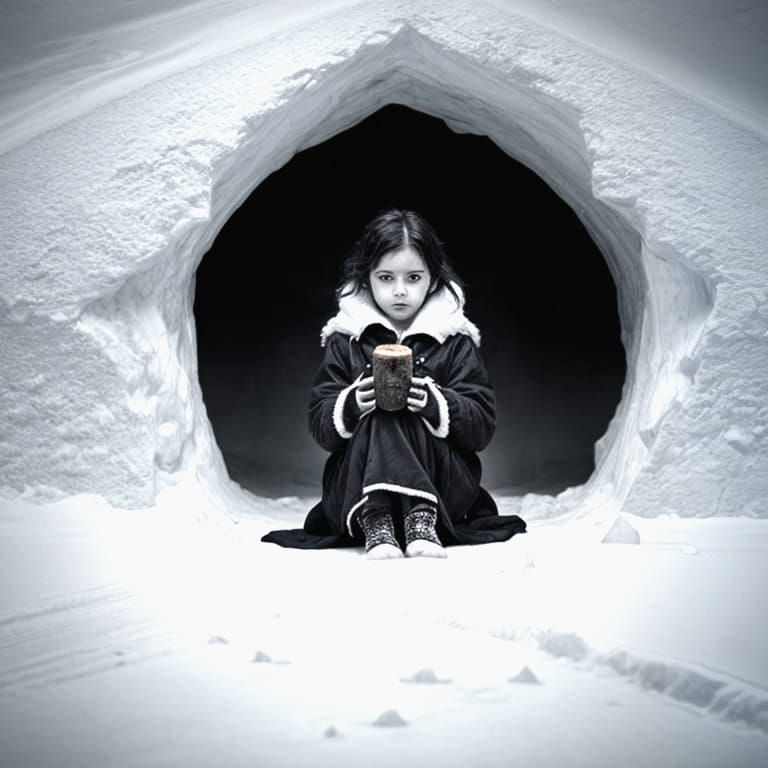 Child's Solitary Winter Scene in Stark Black and White