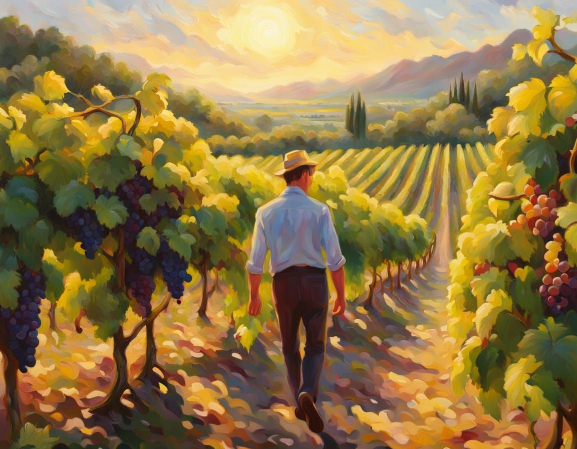 Man Walks in Vineyard: Impressionist Oil Painting