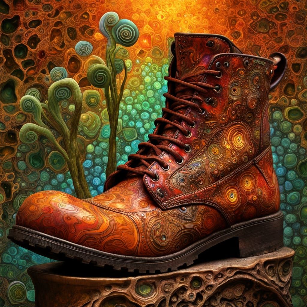 Surreal Fiddleheads Grow from Boot in Hundertwasser Style