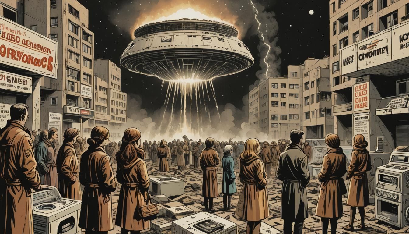 Retro Comic Art: Women Pray to UFO in Chernobyl