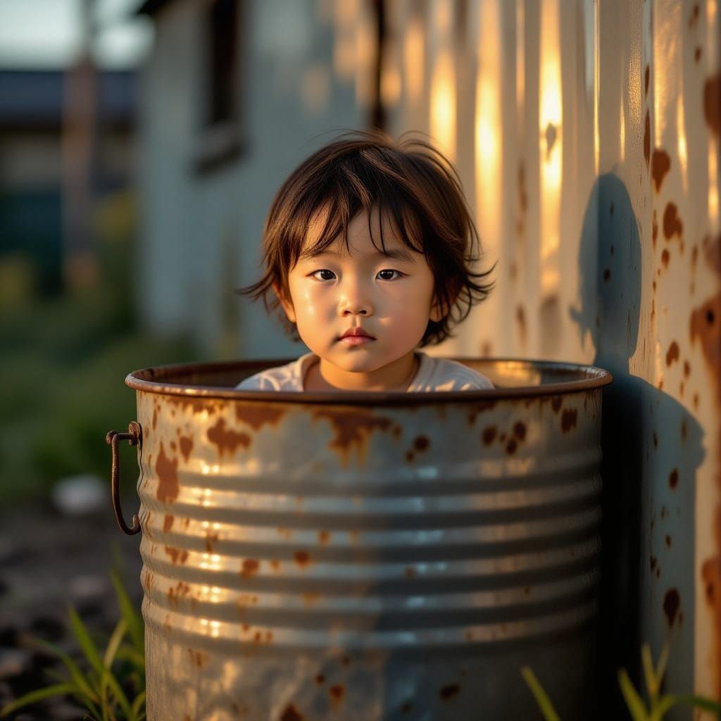 Poignant Image of Child in Trash Can
