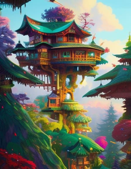 Fantasy Treehouse Amidst Colorful Trees: Digital Illustratio...