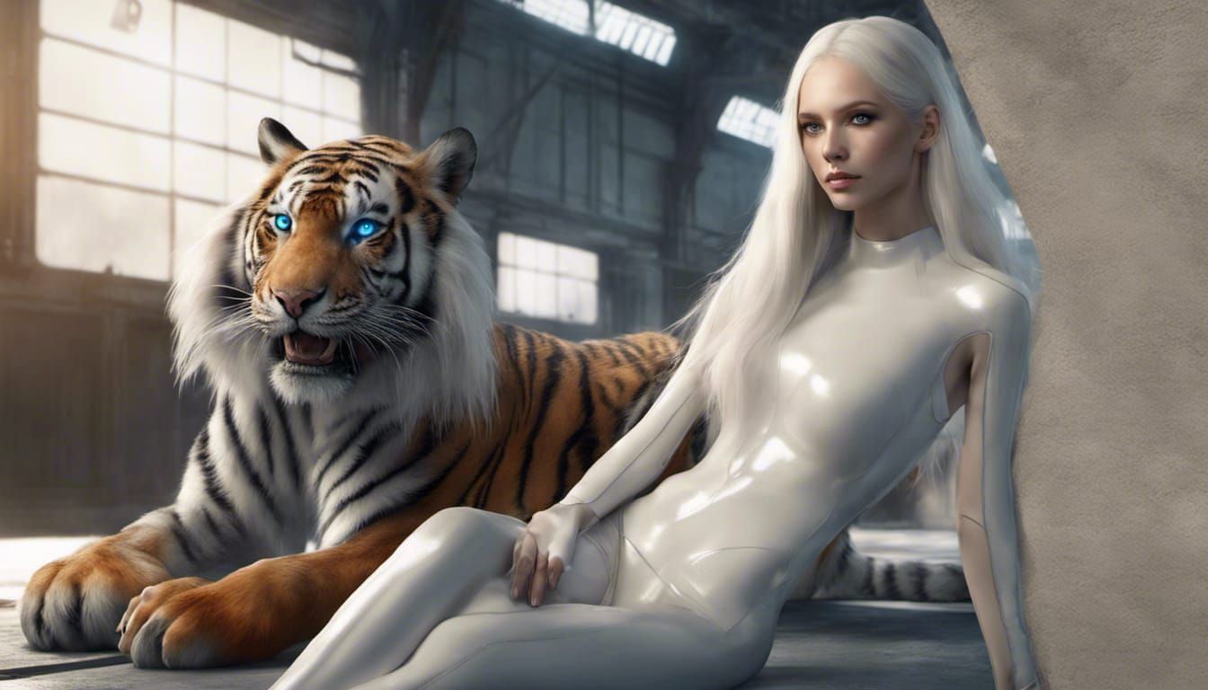 Woman and Tiger in Hangar with Volumetric Lighting