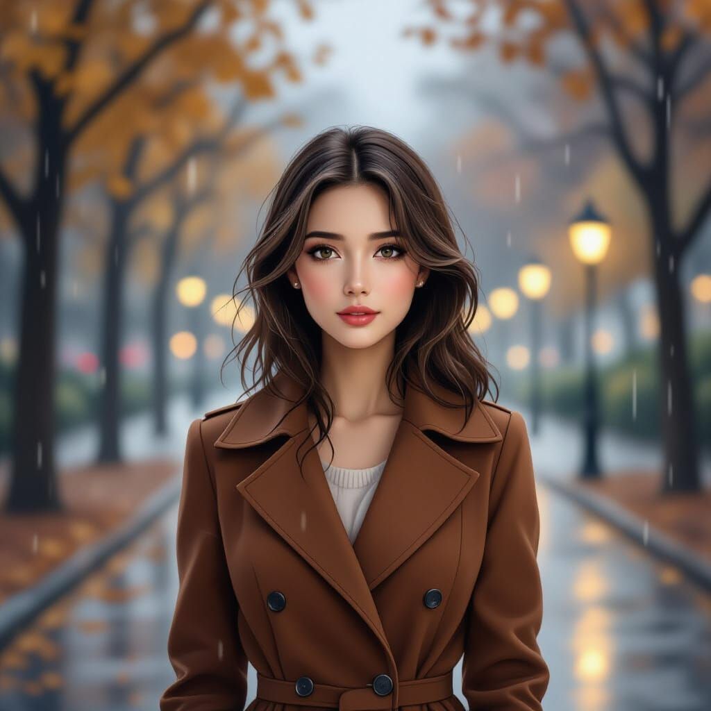 Woman in Autumn Rain, Photorealism & Watercolor Style