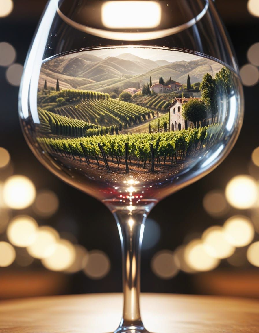 Crystal Clear Wine Glass with Vineyard Reflections in Photor...
