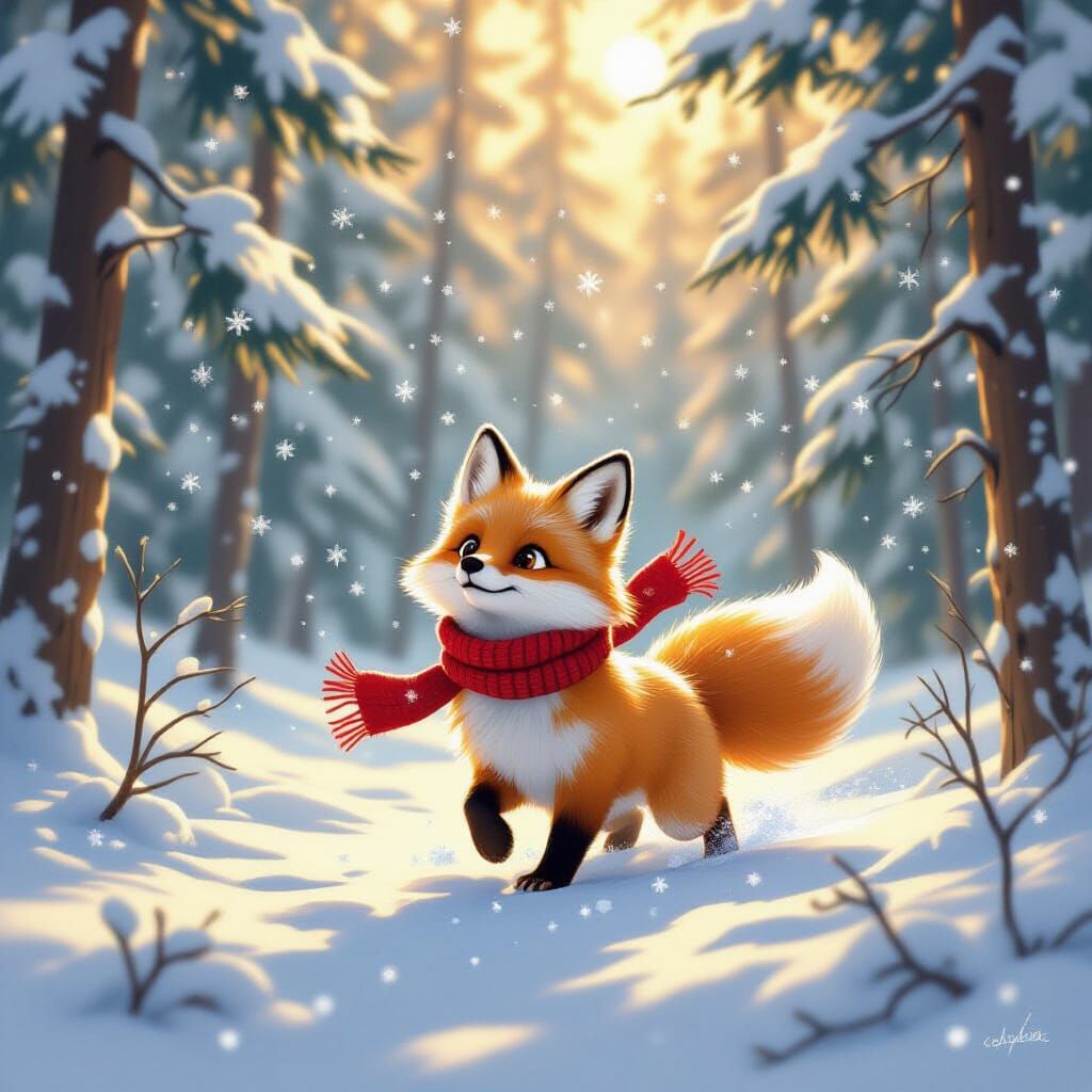 Arctic Fox Chasing Snowflakes in Golden Hour Forest