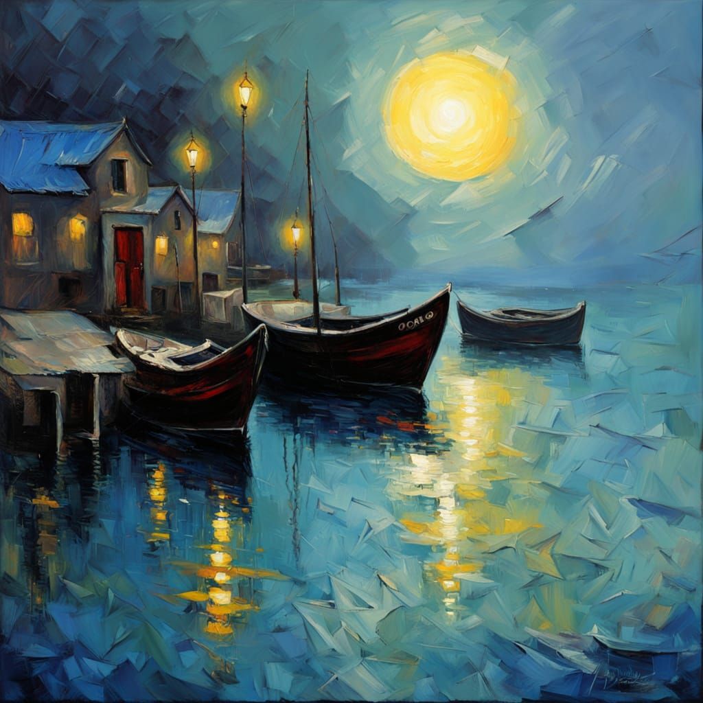 Old Cat at Harbor in Fishing Village, Impasto Oil Painting