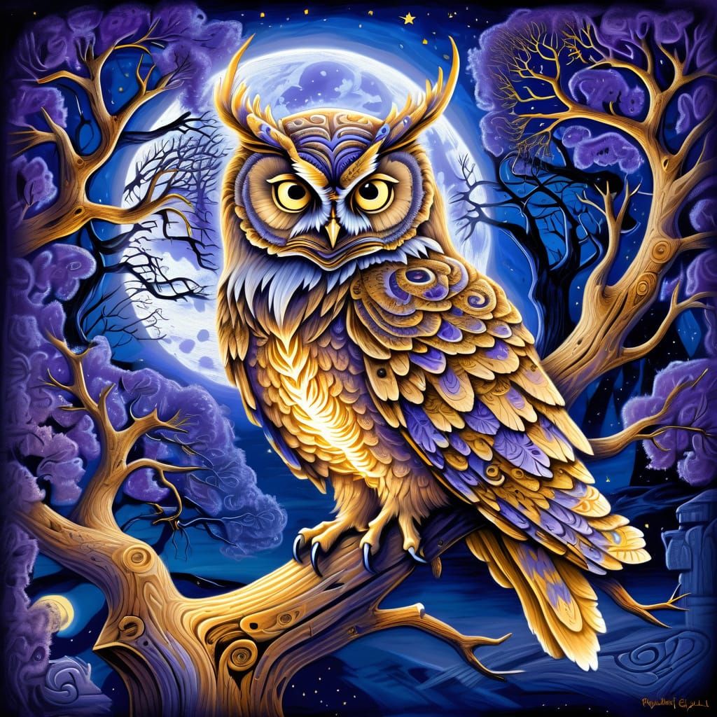 Scroll-Winged Owl Perched in Moonlight: Pencil Sketch