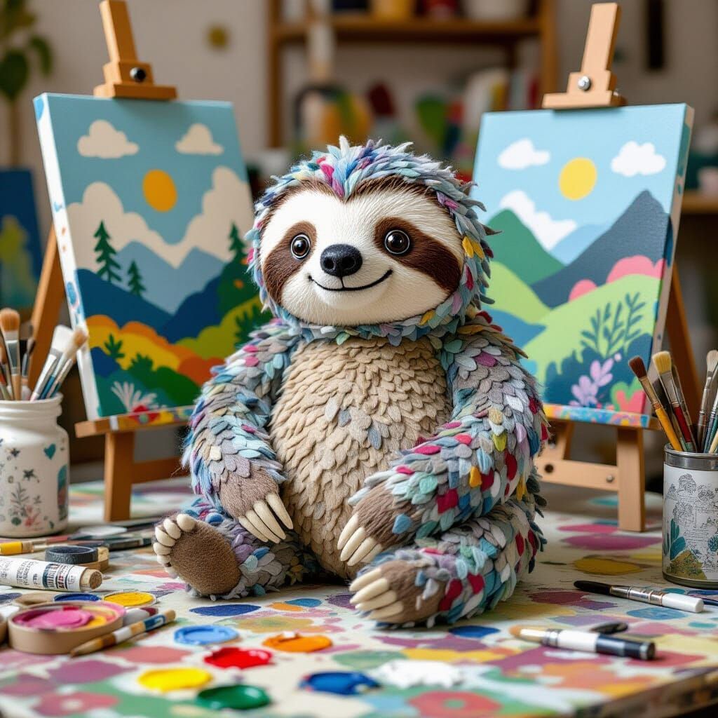 Felt Sloth in Art Room, Folk-Art Style