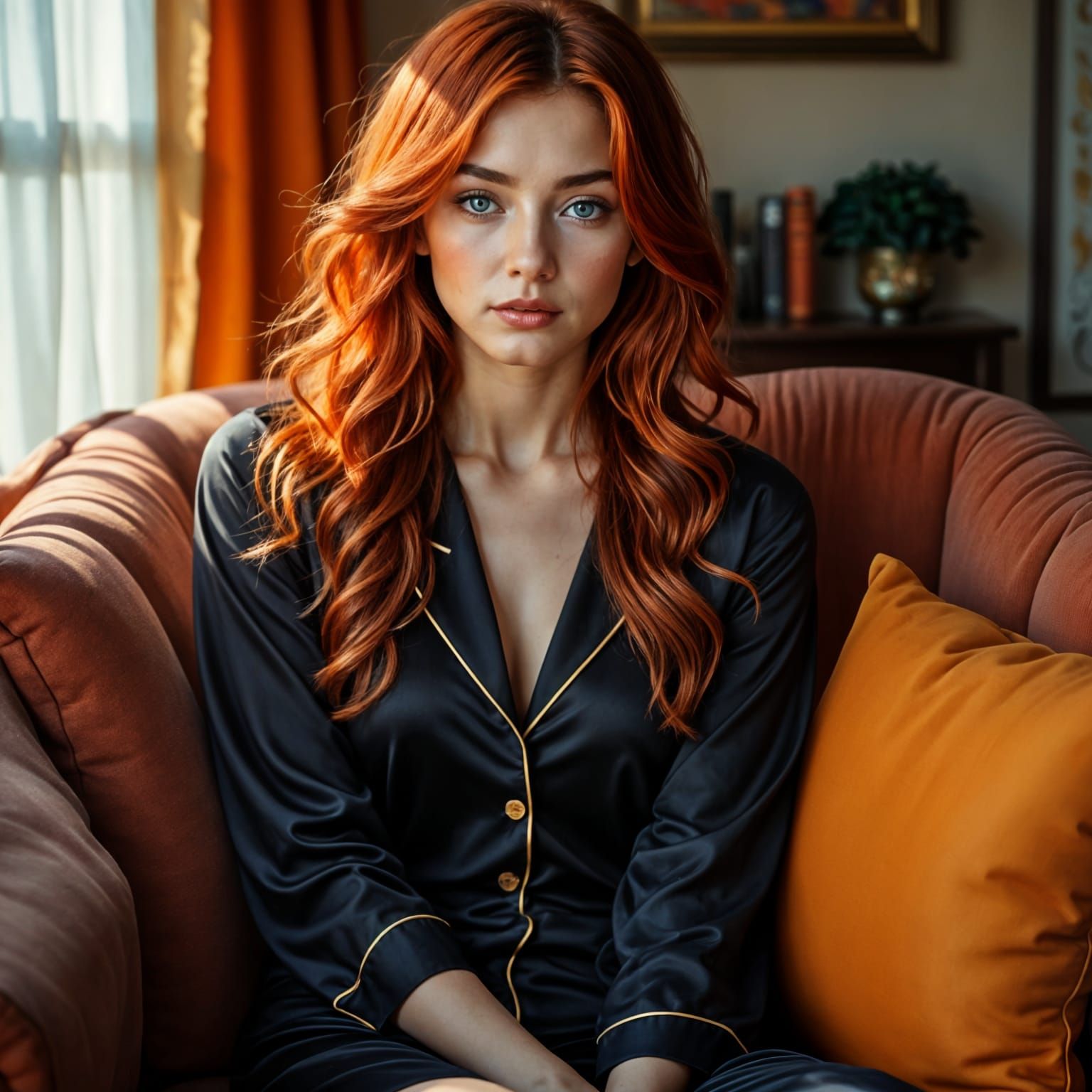 Sleek Redhead in Black Satin Pajamas, Comfortable at Home