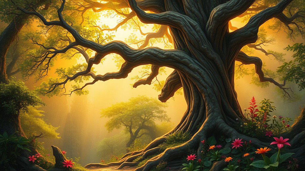 Mystical Tree in Dreamlike World as Oil Painting