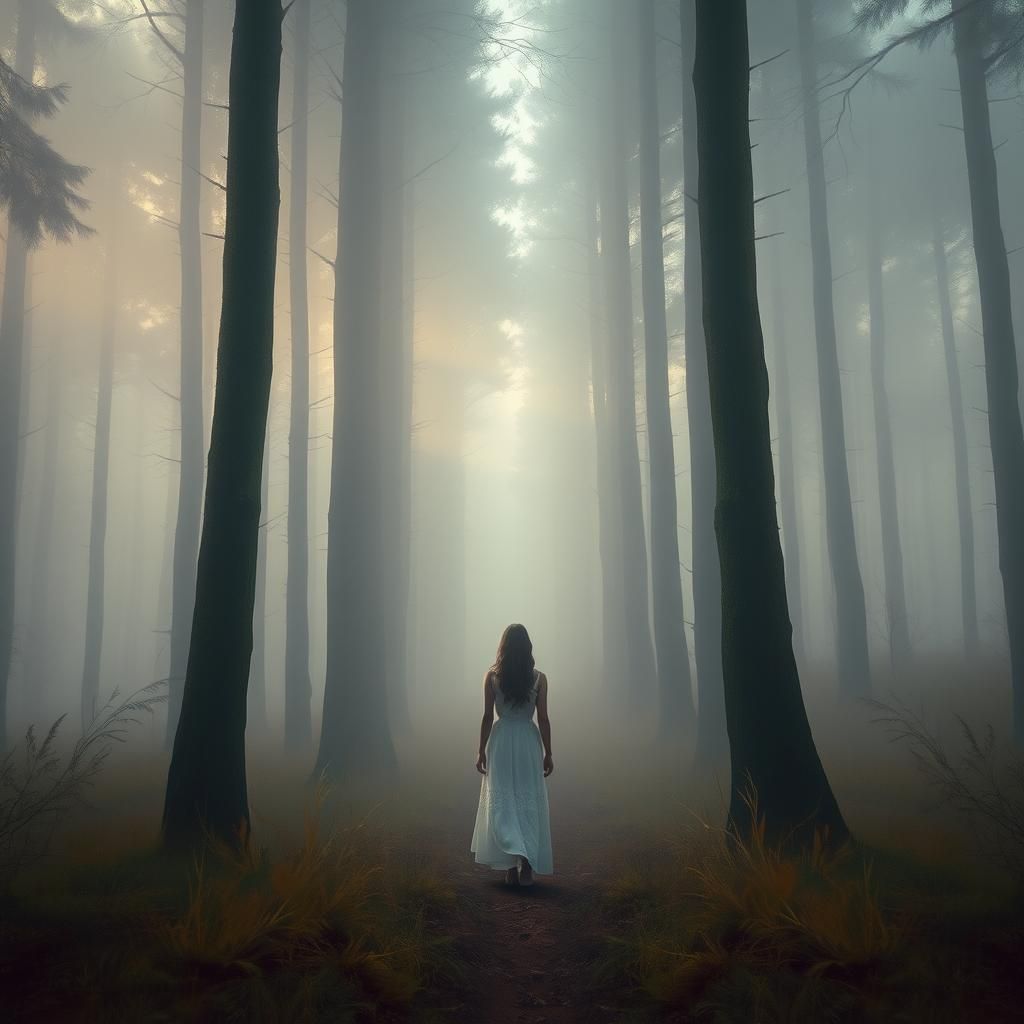 Serene Woman in Misty Forest: Symbol of Trust