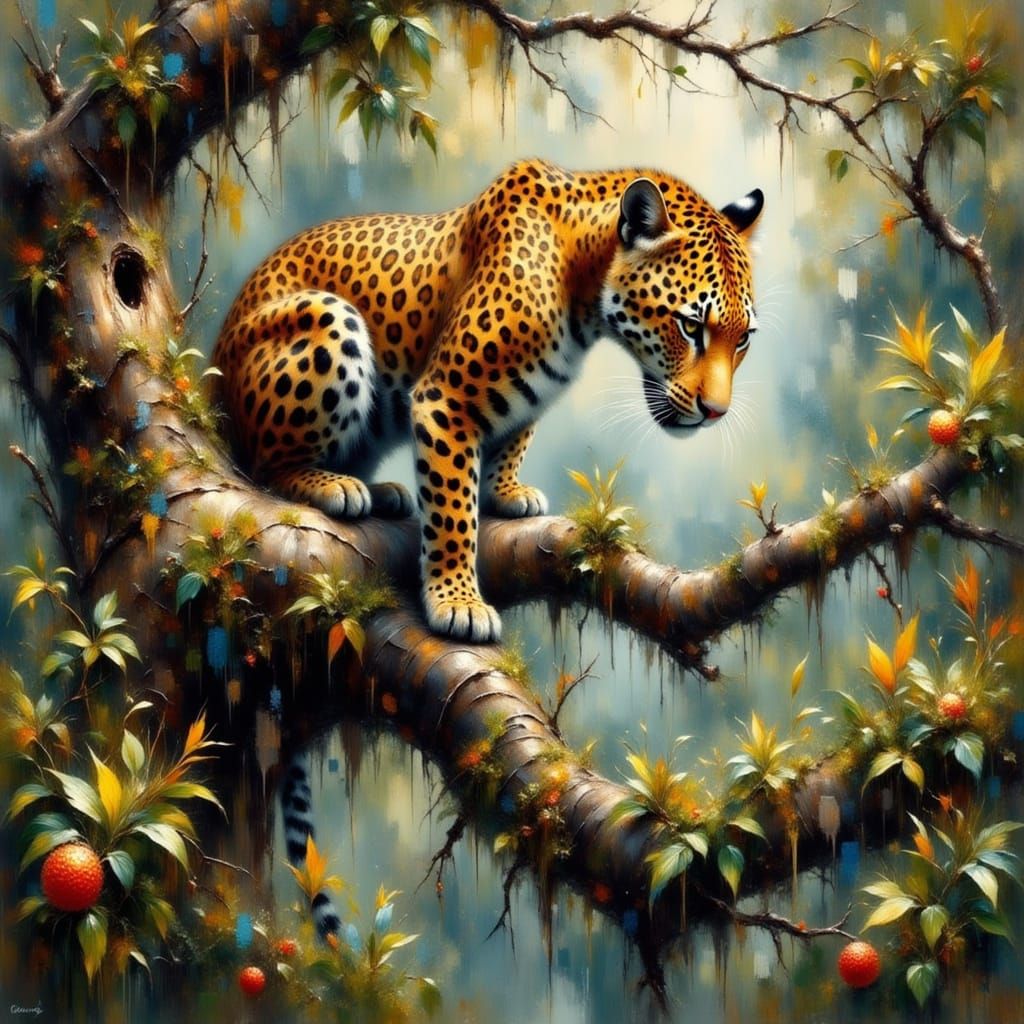 Leopard in Rainy Rainforest, Impressionist Oil and Watercolo...