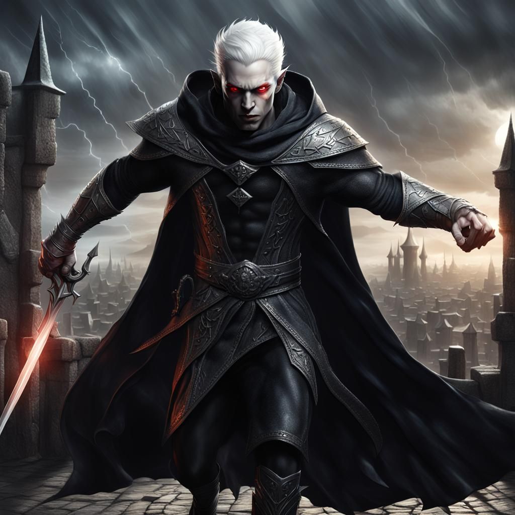 Albino Dark Elf in Medieval City, Photorealistic