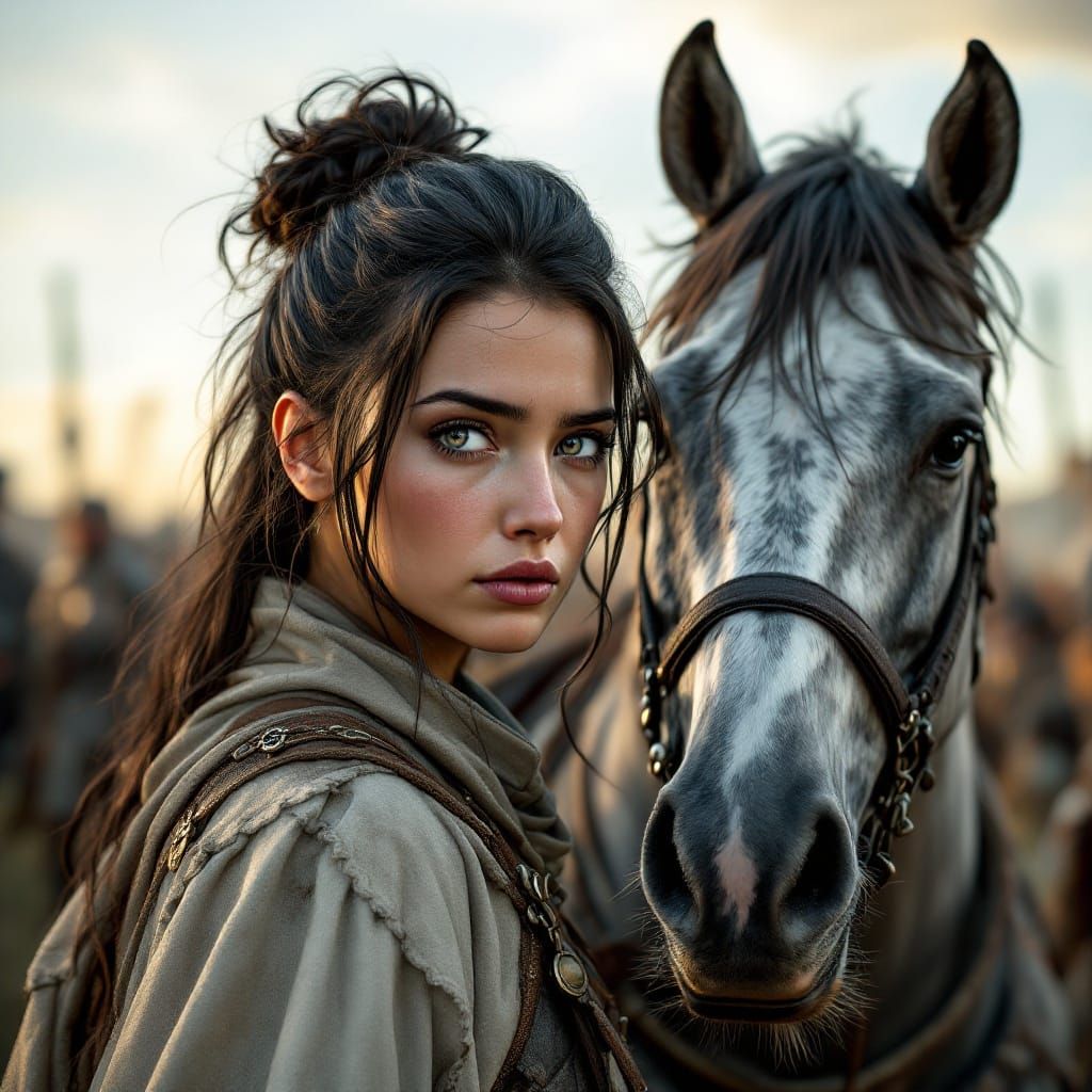 Woman and Horse in Militarized Camp, Oil Realism