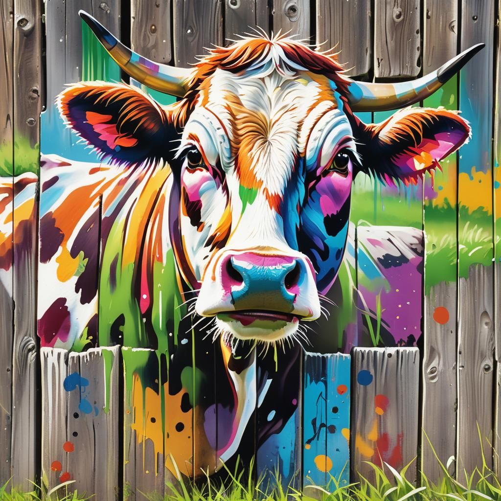 Colorful Cow and Graffiti Fence Street Art
