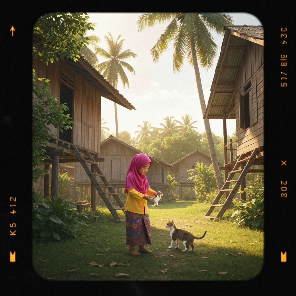 Girl with Cat in Southeast Asian Village