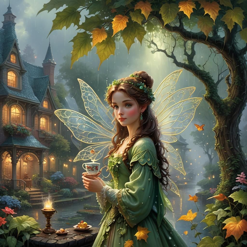 Ornate Fairy Tea Party in Rainy Fantasy Style